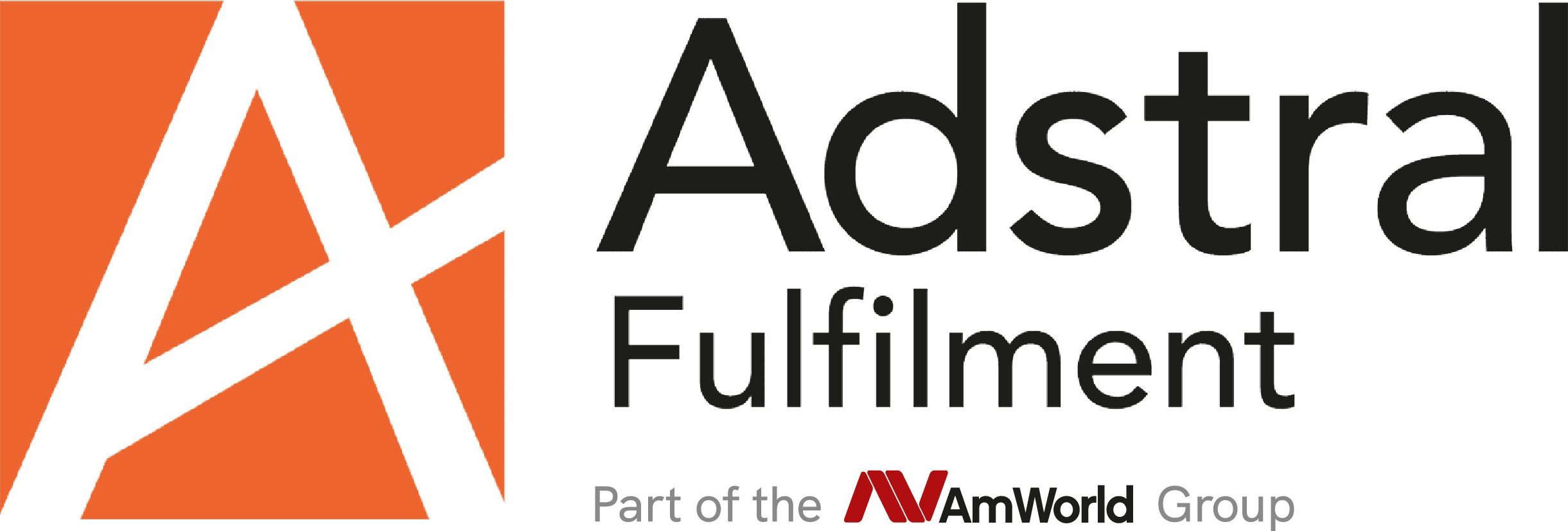 Astral Fulfillment logo orange square with white A symbol Astral Fulfillment text and Part of the AmWorld Group under it